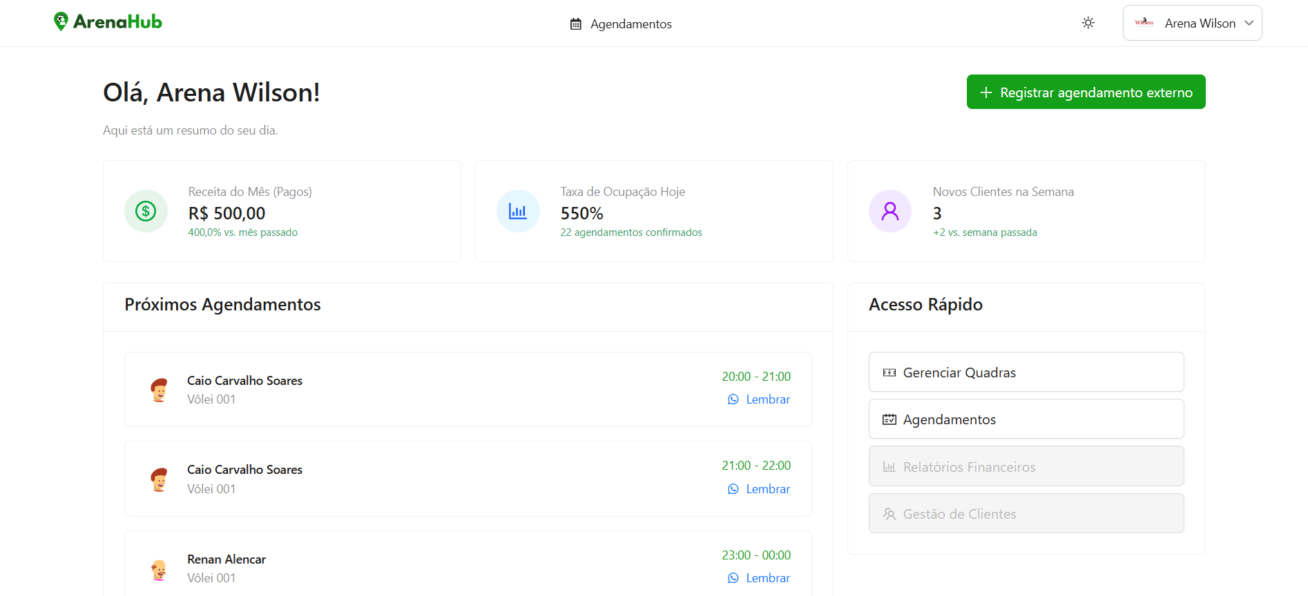 Screenshot do Dashboard da Arena