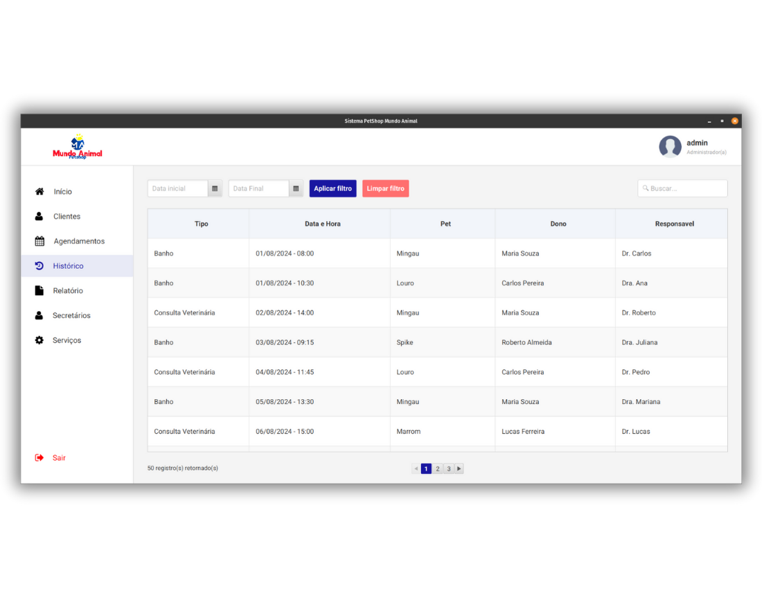 Tela de histórico de serviços