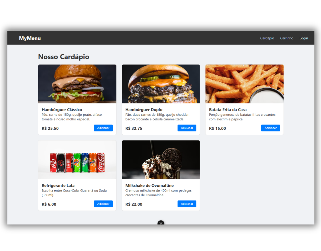 Tela inicial com cardápio
